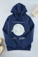 Trendyol Navy Blue Oversize/Wide Cut Hooded Printed Sweatshirt with Fleece Inside