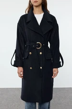 Trendyol Navy Blue Belted Foldable Sleeves Regular Wool Trench Coat