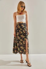 Bianco Lucci Women's Black Side Hidden Zipper Slit Floral Skirt