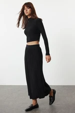 Trendyol Black Fitted Pleated Stretchy Knitted Blouse and Skirt Bottom-Top Set