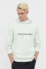 Bavlněná mikina Calvin Klein Jeans pánská, zelená barva, s kapucí, s potiskem, J30J320805