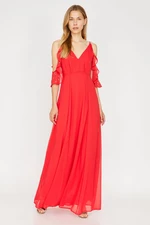 Koton Women's Red V-Neck Sleeve Detailed Ruffle Detailed Maxi Dress