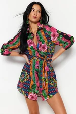 Trendyol Floral Pattern Belted Mini Weave 100% Cotton Beach Dress with Balloon Sleeves