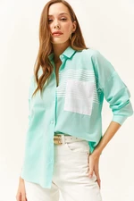 Olalook Women's Aqua Green Pocket Detailed Oversize Woven Shirt