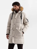 Ombre Men's long warm parka jacket with hood - beige