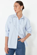 Trendyol Light Blue Regular Fit Woven Shirt with Stone Detail on the Front