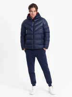 Ombre Men's winter quilted jacket of combined materials - navy blue