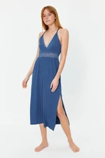 Trendyol Blue Lace Back Detail and Slit Detail Rope Strap Knitted Nightgown