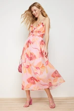 Trendyol Pink Floral Print A-Cut Ruffle Detailed Lined Chiffon Maxi Woven Dress