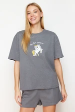 Trendyol Grey Melange Printed Knitted Pajama Set