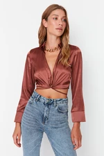 Trendyol Brown Crop Tie Detail Satin Woven Blouse