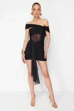 Trendyol X Zeynep Tosun Black Knitted Tulle Detailed Elegant Evening Dress