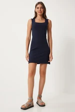 Happiness İstanbul Women's Navy Blue Square Neck Thick Strap Knitted Dress