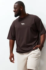 Trendyol Large Size Dark Brown Oversize Animal Print and Embroidered 100% T-Shirt