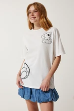 Happiness İstanbul Women's White Printed Oversize Knitted T-Shirt