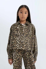 DEFACTO Girl's Leopard Print Buttoned Gabardine Long Sleeve Shirt Jacket