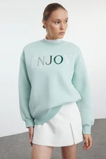 Trendyol Mint Slogan Embroidery Detailed Regular/Normal Pattern Crew Neck Knitted Sweatshirt