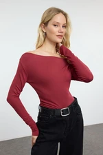 Trendyol Claret Red Plain Premium Soft Fabric Fitted/Fits the Body Boat Neck Knitted Blouse