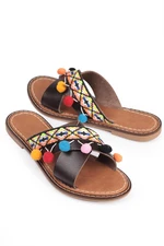 Capone Outfitters Capone 8084 Genuine Leather Women's Brown Slippers with Pompom.