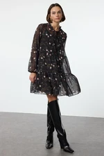 Trendyol Black Floral Patterned Loose Fit Mini Lined Chiffon Woven Winter Dress