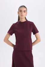 DEFACTO Slim Fit Slim Cut Half Turtleneck Basic Plain Short Sleeve Burgundy T-Shirt