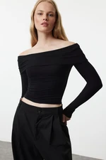 Trendyol Black Carmen Collar Crop/Short Stretchy Knitted Blouse