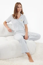 Trendyol Gray Melange Teddy Bear Embroidered Ribbed Knitted Pajama Set