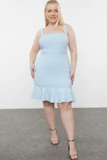 Trendyol Curve Blue A-Cut Rib Detailed Skirt Flounced Strap Woven Mini Plus Size Dress