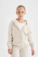 DEFACTO Girls Beige Basic Hooded Zippered School Cardigan