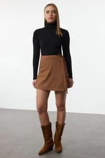 Trendyol Brown Velvet Fabric Double Breasted Closure Tie Detail Mini Length Woven Skirt