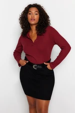 Trendyol Curve Burgundy Fitted Ribbed Shirt Collar Snap Snap Knitted Bodysuit