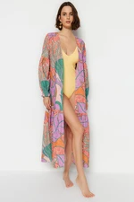 Trendyol Tropical Pattern Belted Maxi Woven Balloon Sleeves 100% Cotton Kimono & Kaftan