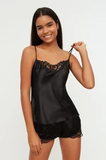 Trendyol Black Satin Lace Detailed Undershirt-Shorts Woven Pajamas Set