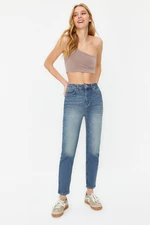 Trendyol Modré Džínsy s Vypraným Efektom Vintage s Vysokým Pásom a Úzkym Strihom Mom Jeans