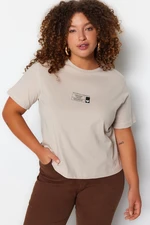 Trendyol Curve Beige Crop Knitted Crewneck Printed T-shirt