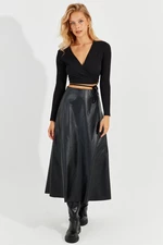 Cool & Sexy Women's Black A-Line Leather Midi Skirt