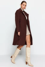 Trendyol Brown Oversize Wide-Cut Belted Long Stamped Coat