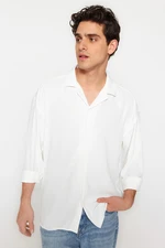 Trendyol White Men's Oversize Fit Flared Collar Summer Linen-Looking Shirt.