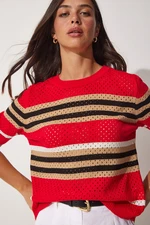 Happiness İstanbul Women's Red Striped Openwork Summer Knitwear Blouse