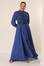 By Saygı Bead Embroidered Lined Flounce Front Plus Size Long Chiffon Dress