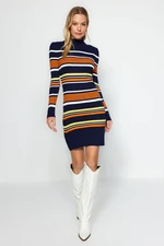 Trendyol Navy Blue Color Block Mini High Collar Knitwear Dress