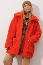 Trend Alaçatı Stili Dámsky oranžový kabát s polokošeľovým golierom a dvoma vreckami