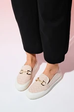 LuviShoes MARRAKECH Beige Denim Women's Buckled Loafer Shoes