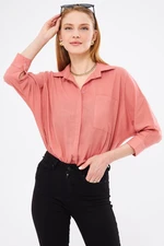 armonika Women&#39;s Dark Pink Loose Linen Shirt with Pockets