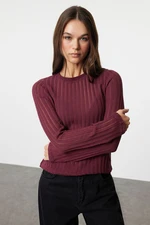 Trendyol Claret Red Transparent Knitwear Look Fabric Regular Length Crew Neck Knitted Blouse