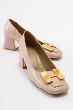 LuviShoes ELOIS Women's Beige-Gold Buckle Heeled Shoes