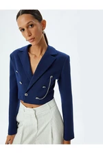 Koton Double Breasted Crop Blazer Jacket with Dobby Chain Detail and Buttons