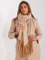 Camel and white patterned scarf with fringe