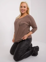 Brown casual plus size blouse with lettering