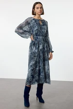 Trendyol Navy Blue Belted Floral A-Line Midi Lined Woven Winter Dress